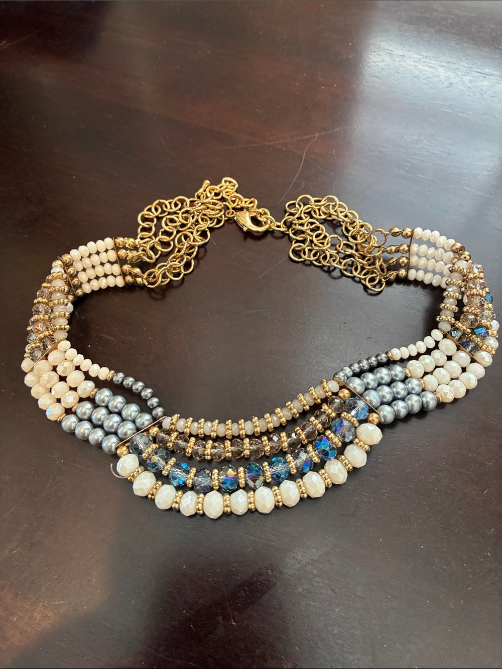 Gold-Tone Multi-Strand Beaded Statement Necklace - Ivory, Blue & Silver
